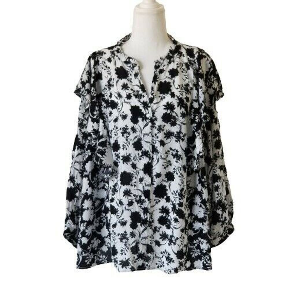 Est. 1946 Blouse Floral Black and White, Ruffle Bishop Sleeve Tee Size 26/28W